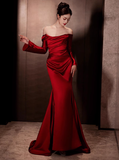 Elegant Mermaid Off The Shoulder Burgundy Satin Prom Dresses Formal Summer Wedding Guest Dresses Wedding Guest Outfits HZ1214