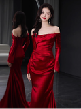 Elegant Mermaid Off The Shoulder Burgundy Satin Prom Dresses Formal Summer Wedding Guest Dresses Wedding Guest Outfits HZ1214