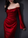 Elegant Mermaid Off The Shoulder Burgundy Satin Prom Dresses Formal Summer Wedding Guest Dresses Wedding Guest Outfits HZ1214