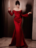Elegant Mermaid Off The Shoulder Burgundy Satin Prom Dresses Formal Summer Wedding Guest Dresses Wedding Guest Outfits HZ1214
