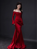 Elegant Mermaid Off The Shoulder Burgundy Satin Prom Dresses Formal Summer Wedding Guest Dresses Wedding Guest Outfits HZ1214