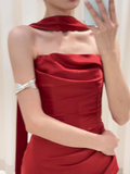 Pretty Sheath Strapless Burgundy Satin Prom Dresses Formal Summer Wedding Guest Dresses Wedding Guest Outfits With Scarf HZ1214