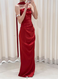 Pretty Sheath Strapless Burgundy Satin Prom Dresses Formal Summer Wedding Guest Dresses Wedding Guest Outfits With Scarf HZ1214