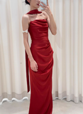 Pretty Sheath Strapless Burgundy Satin Prom Dresses Formal Summer Wedding Guest Dresses Wedding Guest Outfits With Scarf HZ1214