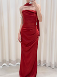 Pretty Sheath Strapless Burgundy Satin Prom Dresses Formal Summer Wedding Guest Dresses Wedding Guest Outfits With Scarf HZ1214