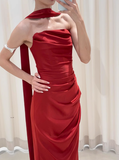 Pretty Sheath Strapless Burgundy Satin Prom Dresses Formal Summer Wedding Guest Dresses Wedding Guest Outfits With Scarf HZ1214
