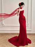 Pretty Mermaid Strapless Burgundy Satin Prom Dresses Formal Summer Wedding Guest Dresses Wedding Guest Outfits With Scarf HZ1214