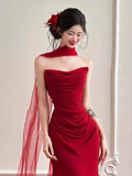 Pretty Mermaid Strapless Burgundy Satin Prom Dresses Formal Summer Wedding Guest Dresses Wedding Guest Outfits With Scarf HZ1214