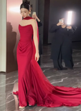 Pretty Mermaid Strapless Burgundy Satin Prom Dresses Formal Summer Wedding Guest Dresses Wedding Guest Outfits With Scarf HZ1214