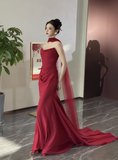 Pretty Mermaid Strapless Burgundy Satin Prom Dresses Formal Summer Wedding Guest Dresses Wedding Guest Outfits With Scarf HZ1214