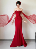 Pretty Mermaid Strapless Burgundy Prom Dresses Formal Summer Wedding Guest Dresses Wedding Guest Outfits HZ1214