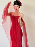 Pretty Mermaid Strapless Burgundy Prom Dresses Formal Summer Wedding Guest Dresses Wedding Guest Outfits HZ1214