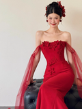 Pretty Mermaid Strapless Burgundy Prom Dresses Formal Summer Wedding Guest Dresses Wedding Guest Outfits HZ1214