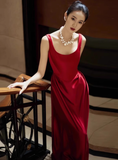 Elegant Sheath Square Neck Red Satin Prom Dresses Summer Wedding Guest Dresses Wedding Guest Outfits HZ1214