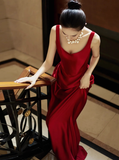 Elegant Sheath Square Neck Red Satin Prom Dresses Summer Wedding Guest Dresses Wedding Guest Outfits HZ1214