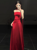 Gorgeous Sheath Strapless Red Satin Prom Dresses Formal Summer Wedding Guest Dresses Wedding Guest Outfits HZ1214