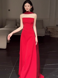Gorgeous Sheath Strapless Red Satin Prom Dresses Formal Summer Wedding Guest Dresses Wedding Guest Outfits HZ1214