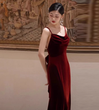 Elegant Sheath Spaghetti Straps Burgundy Velvet Prom Dresses Formal Summer Wedding Guest Dresses Wedding Guest Outfits HZ1214