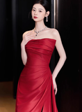 Gorgeous Sheath Strapless Red Satin Slit Prom Dresses Formal Summer Wedding Guest Dresses Wedding Guest Outfits HZ1214