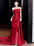 Gorgeous Sheath Strapless Red Satin Slit Prom Dresses Formal Summer Wedding Guest Dresses Wedding Guest Outfits HZ1214