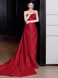 Gorgeous Sheath Strapless Red Satin Slit Prom Dresses Formal Summer Wedding Guest Dresses Wedding Guest Outfits HZ1214