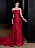Gorgeous Sheath Strapless Red Satin Slit Prom Dresses Formal Summer Wedding Guest Dresses Wedding Guest Outfits HZ1214