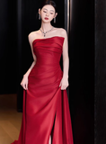 Gorgeous Sheath Strapless Red Satin Slit Prom Dresses Formal Summer Wedding Guest Dresses Wedding Guest Outfits HZ1214