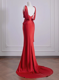 Elegant Mermaid V Neck Red Satin Prom Dresses Formal Summer Wedding Guest Dresses Wedding Guest Outfits HZ1214