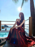 Modest Mermaid Spaghetti Straps Sleeveless Maroon Red Long Prom Gown Prom Dresses HZ1214