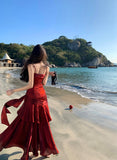 Elegant Mermaid Spaghetti Straps Sleeveless Burgundy Long Evening Dress Prom Dresses HZ1214