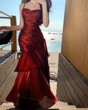 Elegant Mermaid Spaghetti Straps Sleeveless Burgundy Long Evening Dress Prom Dresses HZ1214