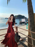 Elegant Mermaid Spaghetti Straps Sleeveless Burgundy Long Evening Dress Prom Dresses HZ1214