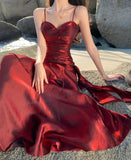 Elegant Mermaid Spaghetti Straps Sleeveless Burgundy Long Evening Dress Prom Dresses HZ1214