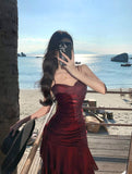 Elegant Mermaid Spaghetti Straps Sleeveless Burgundy Long Evening Dress Prom Dresses HZ1214