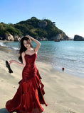 Modest Mermaid Spaghetti Straps Sleeveless Maroon Red Long Prom Gown Prom Dresses HZ1214