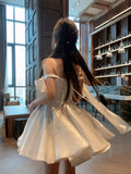 Sexy A line Spaghetti Straps Satin White Short Homecoming Dress Summer Hoco Dresses Cocktail Dress Birthday Outfits HZ1214
