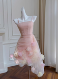 Sexy A line Spaghetti Straps Pink Tulle Short Homecoming Dresses Summer Hoco Dresses Cocktail Dress Birthday Outfits HZ1214