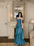 Pretty Mermaid Spaghetti Straps Sleeveless Blue Prom Gown Long Evening Dress Prom Dresses HZ1214