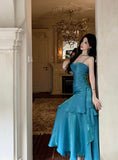 Pretty Mermaid Spaghetti Straps Sleeveless Blue Prom Gown Long Evening Dress Prom Dresses HZ1214