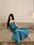 Pretty Mermaid Spaghetti Straps Sleeveless Blue Prom Gown Long Evening Dress Prom Dresses HZ1214