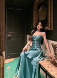Pretty Mermaid Spaghetti Straps Sleeveless Blue Prom Gown Long Evening Dress Prom Dresses HZ1214