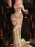 Elegant A line Spaghetti Straps Champagne Slit Prom Dresses Formal Summer Wedding Guest Dresses Wedding Guest Outfit HZ1214