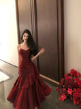Elegant Mermaid Spaghetti Straps Sleeveless Wine Red Long Evening Dress Prom Dresses HZ1214