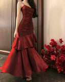 Elegant Mermaid Spaghetti Straps Sleeveless Wine Red Long Evening Dress Prom Dresses HZ1214