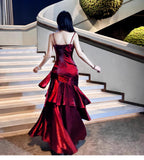Elegant Mermaid Spaghetti Straps Sleeveless Dark Red Burgundy Long Evening Dress Prom Dresses HZ1214