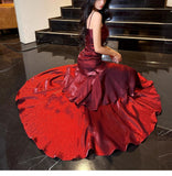 Elegant Mermaid Spaghetti Straps Sleeveless Maroon Prom Gown Long Evening Dress Prom Dresses HZ1214