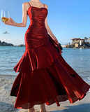 Modest Mermaid Spaghetti Straps Sleeveless Maroon Red Long Evening Dress Prom Dresses HZ1214