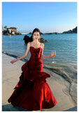 Modest Mermaid Spaghetti Straps Sleeveless Maroon Red Long Evening Dress Prom Dresses HZ1214