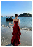 Modest Mermaid Spaghetti Straps Sleeveless Maroon Red Long Evening Dress Prom Dresses HZ1214