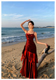 Modest Mermaid Spaghetti Straps Sleeveless Maroon Red Long Evening Dress Prom Dresses HZ1214